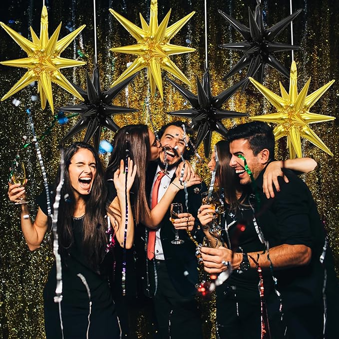 6PCS Black Gold Star Balloons, 22Inch Large Star Balloon Foil Balloons Spike Cone Balloon for Graduation Retirement Birthday New Year Party Decoration