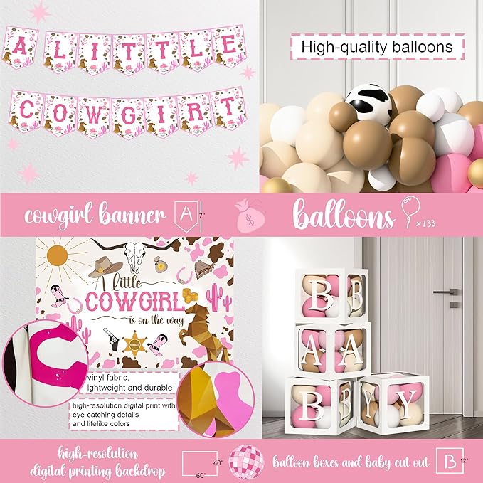 Cowgirl Baby Shower Decorations, Western Rodeo Baby Cowgirl Baby Shower Party Supplies, A Little Cowgirl is On The Way Décor Balloon Arch Backdrop Box Mom to be Sash Tablecloth for Cowgirl Shower