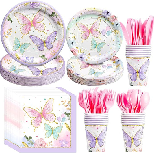 Butterfly Birthday Party Supplies - Butterfly Party Decorations Tableware Include Paper Plate, Napkin, Cup, Disposable Cutlery, Butterfly Baby Shower Decorations Dinnerware | 24 Guests