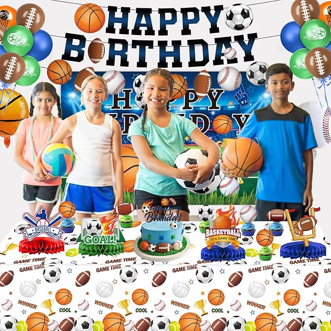 Sports Birthday Party Decorations Includes Banner, Backdrop, Foil & Latex Balloons, Cake & Cupcake Toppers, Honeycomb Centerpieces for Boy Sports Themed Party Decorations