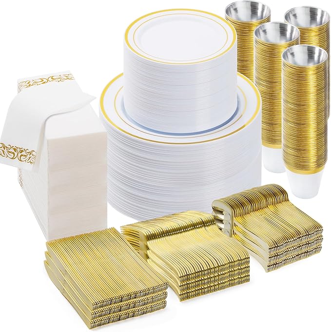 BESTVIP 700 PCS Gold Dinnerware Set for 100 Guests, Plastic Dinnerware Set for Party, Christmas, Halloween, Include: 200 Plastic Plates, 100 Gold Silverware, 100 Cups, 100 Paper Napkins