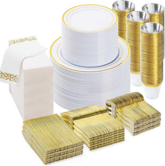BESTVIP 700 PCS Gold Dinnerware Set for 100 Guests, Plastic Dinnerware Set for Party, Christmas, Halloween, Include: 200 Plastic Plates, 100 Gold Silverware, 100 Cups, 100 Paper Napkins