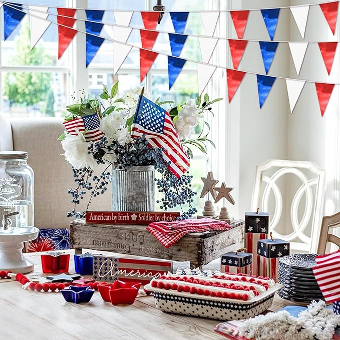 32.8FT White Blue Red Glitter Triangle Pennant Banner Flag Metallic Bunting Fabric Garland for Christmas Graduation, Independence Day, 4th of july, Patriotic Themed Party Decoration