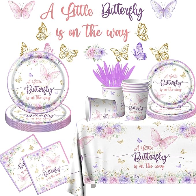 Butterfly Baby Shower Tableware Set Decoration,A Little Butterfly Is On Her Way Baby Shower Plates and Napkins Supplies Include Tablecloth Banner Cups for Purple Floral Butterfly Spring Theme for Girl