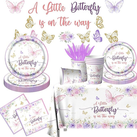 Butterfly Baby Shower Tableware Set Decoration,A Little Butterfly Is On Her Way Baby Shower Plates and Napkins Supplies Include Tablecloth Banner Cups for Purple Floral Butterfly Spring Theme for Girl