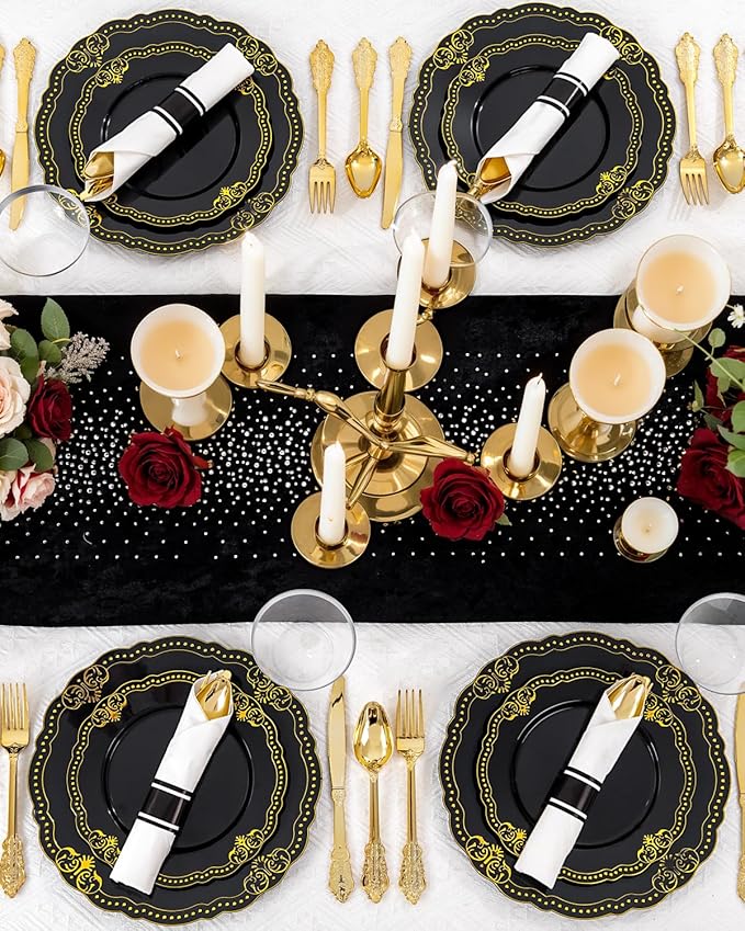 Ciaell 350 PCS Black Plastic Plates - Black and Gold Plates - Black Disposable Plates Include 50 Disposable Plate, 150 Heavy Duty Silverware, 50 Cups, 50 Napkins for Wedding & Party & New Year