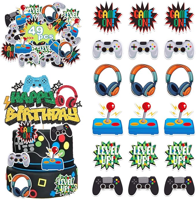 49 PCS Video Game Cupcake Toppers Birthday, Glitter Video Game Theme Cake Topper, Decorations Cake Decor Party Supplies for Games Fans Kids and Men Birthday Sign Decor