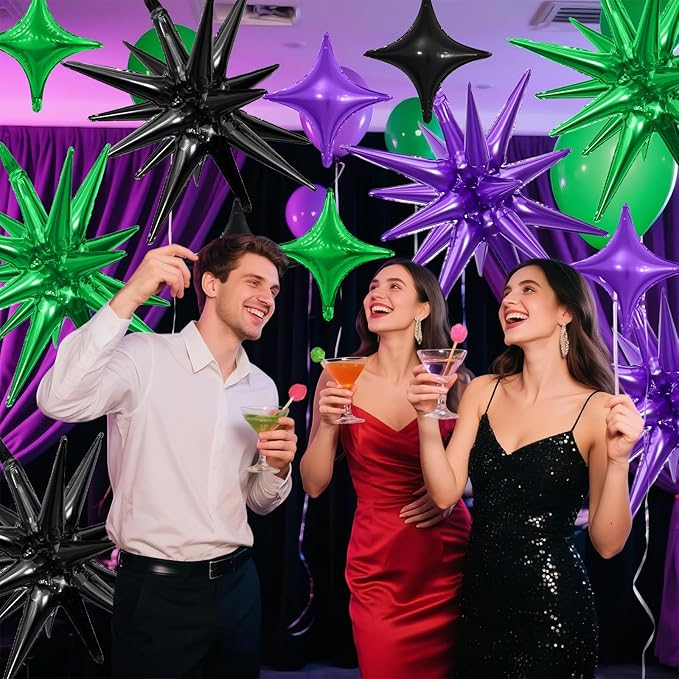 Black Purple Green Star Balloon,6Pcs 22Inch Explosion Star Balloons and 10Pcs 10Inch Four Angle Balloons Kit for Halloween Birthday Anniversary Baby Shower Wedding Party Decorations