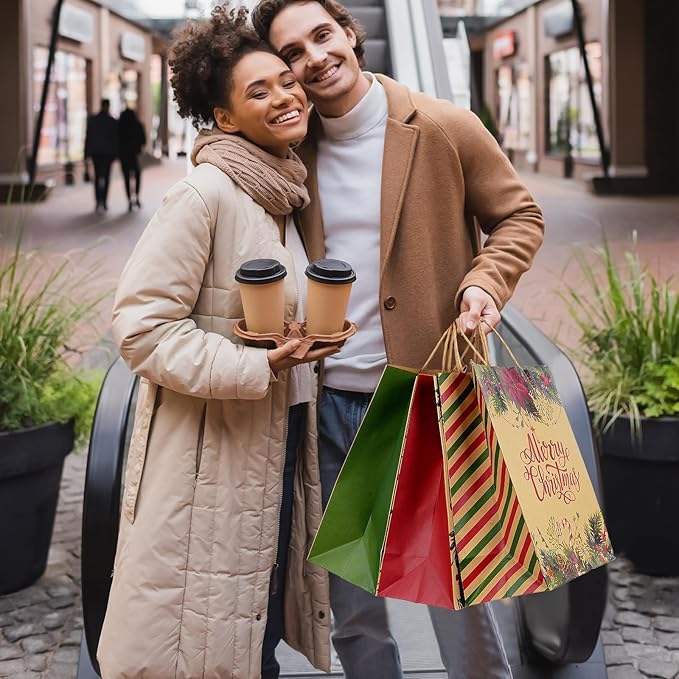 48 Large Christmas Gift Bags with 24 Tissue Paper, 5.1x10x12.6 Inch Bulk Holiday Kraft Paper Bags for Gifts with Handles, 8 Styles Xmas Gift Bags for Wrapping Christmas Holiday Presents Party Favors