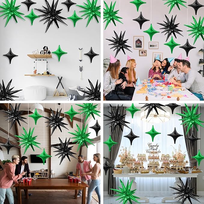 Black Green Star Balloon,6Pcs 22Inch Explosion Star Balloons and 10Pcs 10Inch Four Angle Balloons Kit for Birthday Halloween Anniversary Baby Shower Wedding Party Decorations
