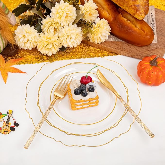 Liacere 150PCS Clear Gold Plastic Plates - Disposable Plastic Silverware with Glitter Bamboo Handle Cutlery-Baroque Clear Gold Disposable Plates for Wedding & Party & Thanksgiving &Fall Decor
