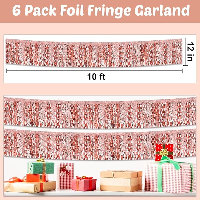 6 Pack 10 Feet Rose Gold Wave Foil Fringe Garland Metallic Tinsel Streamers Banner Wall Hanging Curtain Backdrop for Parade Floats, Mother's Day, Easter, Bachelorette, Wedding Party Decoration