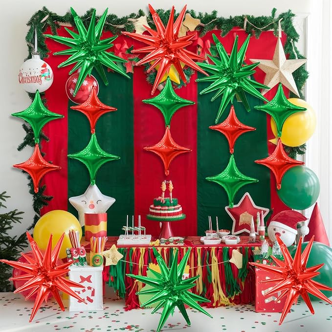 Red Green Star Balloons,Explosion Star Balloons Kit with 6Pcs 22Inch Cone Star Foil Balloons and 10Pcs 10Inch Four Pointed Star Balloons for Christmas Birthday Anniversary Party Decorations