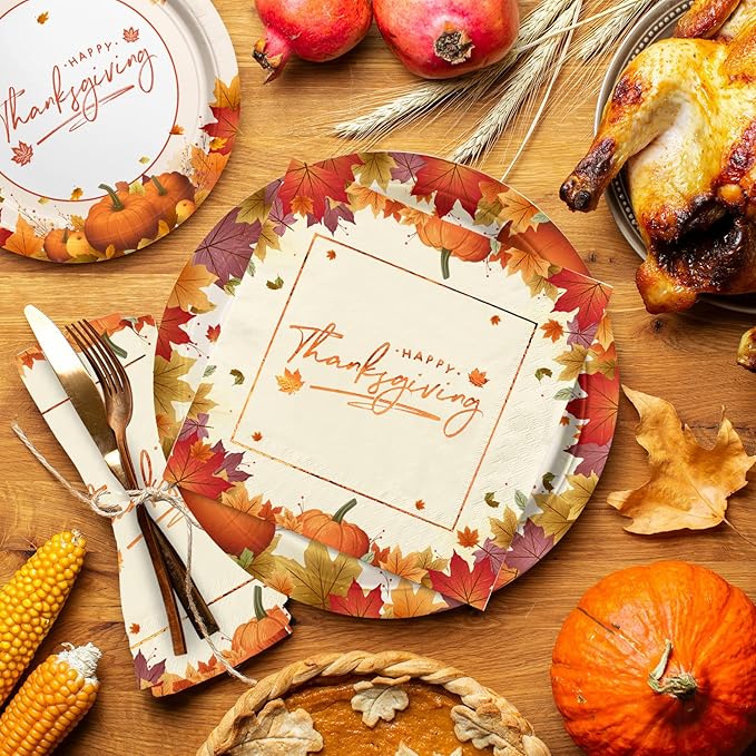 Thanksgiving Plates and Napkins Gatherfun Maple Leaves Disposable Paper Plates Napkins Cups plastic Tablecloth for Thanksgiving Dinner Party Decorations Serve 25