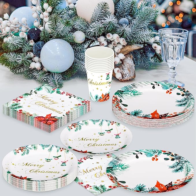 100 Christmas Party Paper Plates Napkins and Cups Set Poinsettia Disposable Dinnerware Set