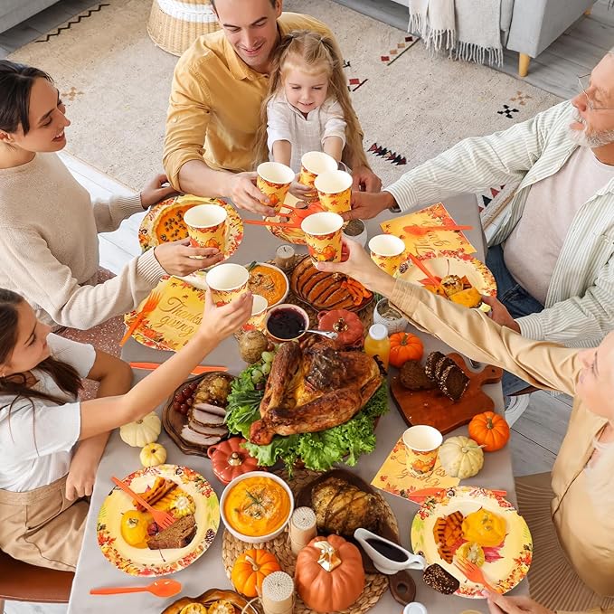 350 Pcs Fall Dinnerware - Thanksgiving Party Decoration Supplies with Autumn Pumpkins, Maple Leaf Paper Plates, Napkins & Cups for 50 Guests