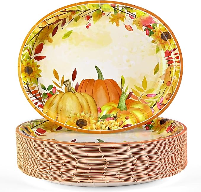 Homlouue 12x10 Oval Fall Paper Plates, 50PCS Fall Leaves Pumpkins Plate, Heavy Duty Thanksgiving Plates, Large Thanksgiving Paper Plate Disposable for Autumn Theme Party Decoration Serve 50 Guests