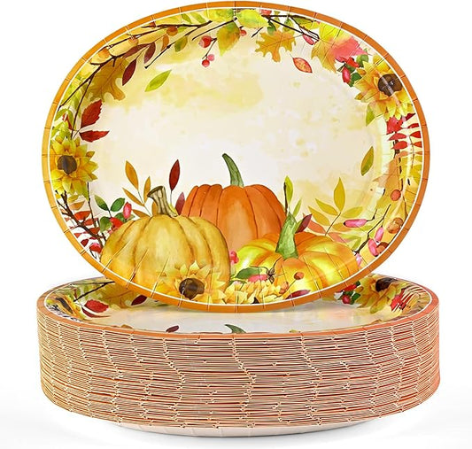 Homlouue 12x10 Oval Fall Paper Plates, 50PCS Fall Leaves Pumpkins Plate, Heavy Duty Thanksgiving Plates, Large Thanksgiving Paper Plate Disposable for Autumn Theme Party Decoration Serve 50 Guests