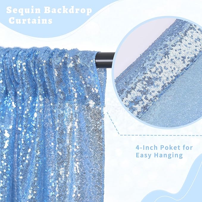 B-COOL Baby Blue Sequin Backdrop Curtains 2 Pieces 2ftx8ft Party Photography Sparkly Background Prom Drapes Wedding Baby Shower Backdrops