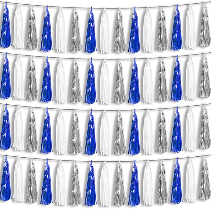 4P Navy-Blue White-Silver Foil Fringe Metallic Tassel Garland Banner, Tassels Banner Streamers for Parade Floats, Bachelorette, Wedding, Birthday, Halloween, Bridal/Baby Shower Party Decorations