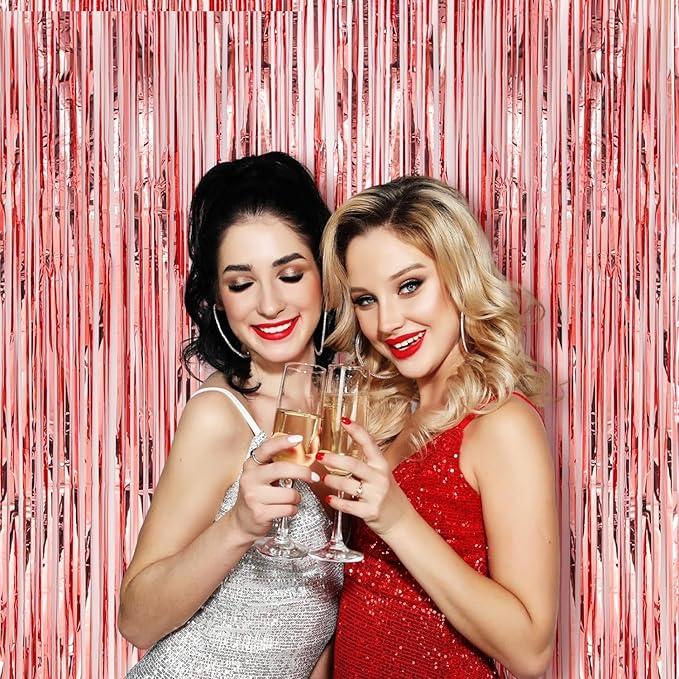 2 Pack Rose Gold Tinsel Foil Fringe Curtains, Rose Gold Party Decorations, Metallic Tinsel Party Streamers Backdrop for Birthday Baby Shower Graduation Wedding Party Decorations
