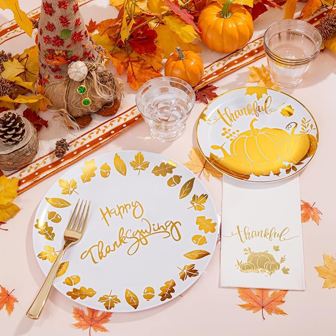 Festiva 176Pcs Thanksgiving Plastic Plates - Heavy Duty Thanksgiving Plates - Thanksgiving Disposable Dinnerware Set include 50 Plates,75 Silverware, 25 Cups, 25 Pumpkins Napkins, 1Tablecloth