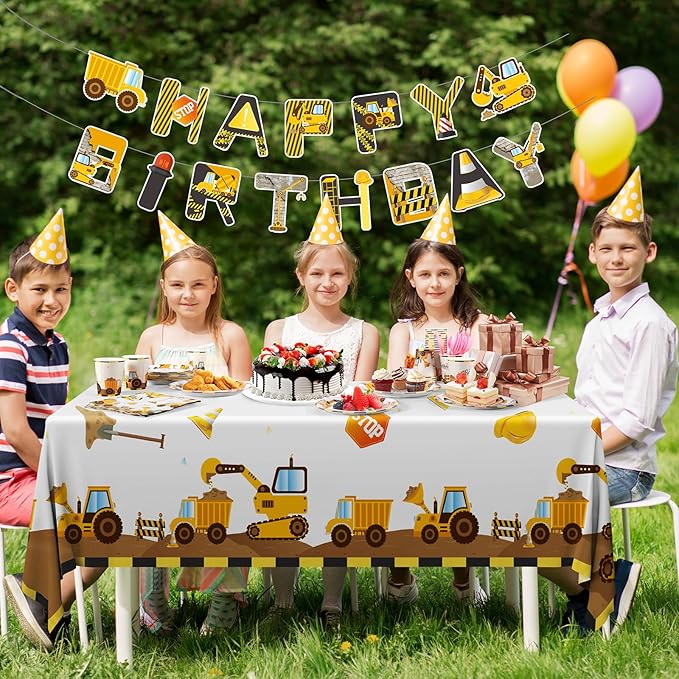 Construction Birthday Decorations, 170 Pcs Construction Birthday Party Supplies Including Banner, Plates, Cups, Napkins, Cutlery and Tablecloths, Serves 24