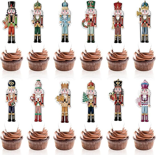 48 PCS Christmas Nutcracker Happy Birthday Cupcake Toppers Christmas Theme Party Decorations Cake Decorations Cupcake Toppers Cake Decoration Party Supplies Boys Girls Decoration