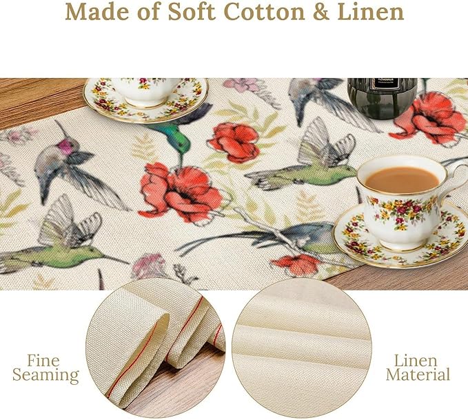Summer Tropical Hummingbird Floral Table Runner,Spring Birds Table Runner Burlap Table Decoration for Seasonal Home Kitchen Dining Dinner Indoor Holiday Farmhouse Decor 13x108 Inch