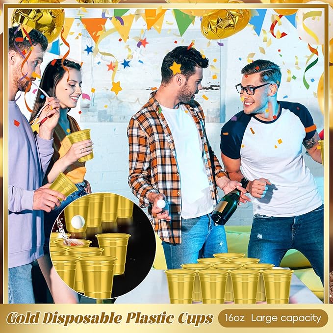 Dualshine 100 Pack Gold Plastic Cups 16 oz,Disposable Cups for Party,Heavy Duty Drinking Cups, Graduation Shot Cup for Wedding Birthday Beer Taste Serving Snack Sample Tastings Barbecues Picnic