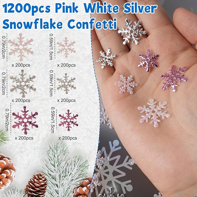 Christmas Snowflake Confetti Decorations,1200Pcs Pink White Silver Confetti Snow Party Pack for Christmas Winter Wonderland Table Centerpieces Wedding Birthday Baby Shower DIY Projects Decorations