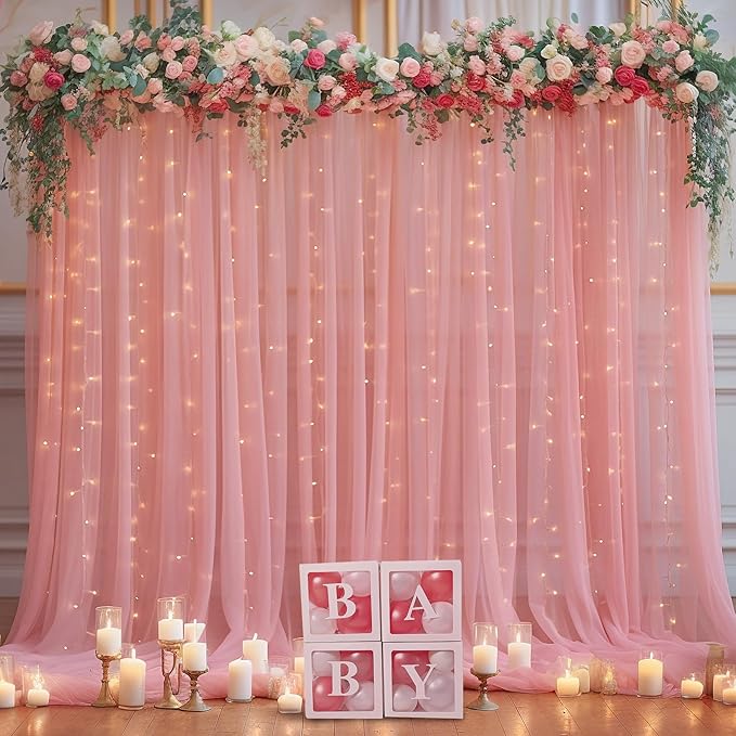 10ft x 8ft Dusty Rose Backdrop Curtain with Lights String for Parties, Sheer Tulle Wedding Photo Backdrops Drapes for Baby Shower Birthday Party Decorations Background for Photography