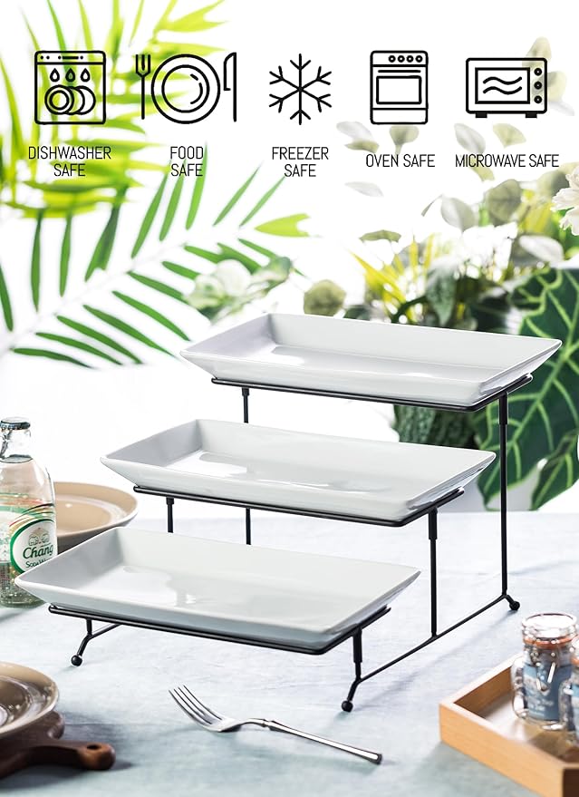 LYEOBOH Tiered Serving Stand and Platters Set, Large Tiered Tray Stand, 3 Tier Serving Tray with Collapsible Sturdier Rack, 12 Inches Tier Serving Platter for Party, Display, Dessert, and Cupcake