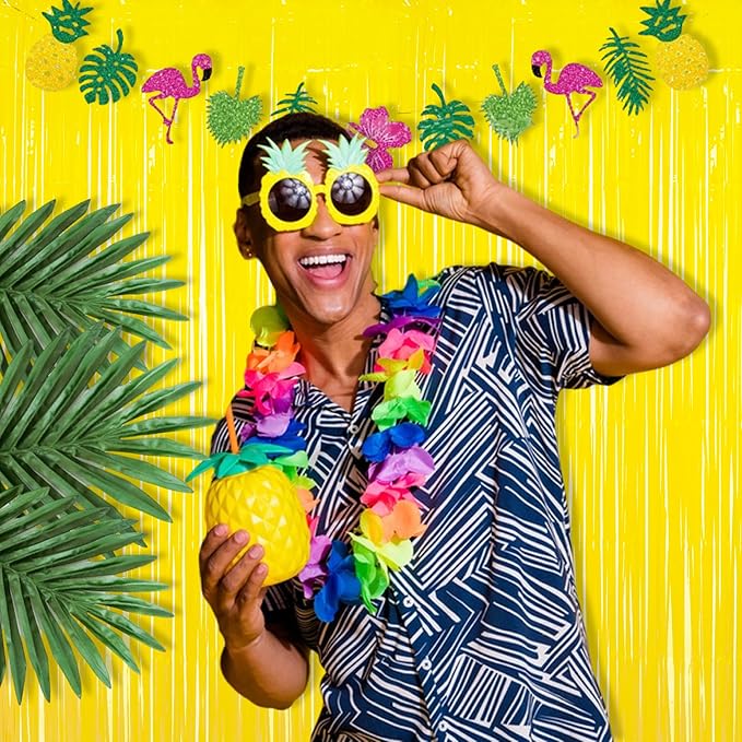 BRAVESHINE Foil Fringe Curtain Backdrop - 2 Pack Yellow Tinsel Photo Booth Backdrop Party Streamers for Easter, Birthdays, Christmas, Lemon, Pineapples, Kids' Party Decorations