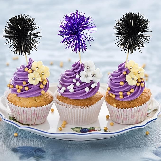 Ephlyn 30Pcs Foil Firework Cupcake Toppers Sparkle Tinsel Cupcake Picks Happy Birthday Cake Decorations Drink Stirrers Cocktail Food Toothpicks for Baby Shower Graduation Party Supplies Black Purple
