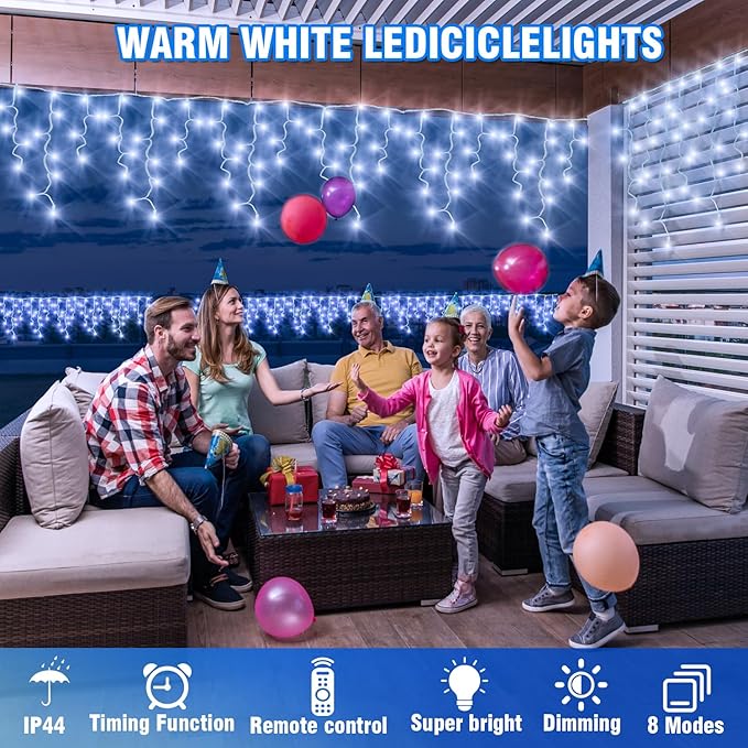 320 LED White Icicle Lights Outdoor Waterproof, 32.8FT Connectable Christmas String Lights with Remote & Timer, 8 Lighting Modes Dimmable Holiday Wedding Party Decorations