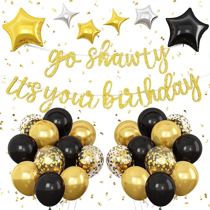 Gold Go Shawty It's Your Birthday Banner Balloons Set, Glitter Happy Birthday Banner with Black Gold Confetti Balloon Star Foil Balloon for Man Women Hip Hop Rap Theme Birthday Party Decorations