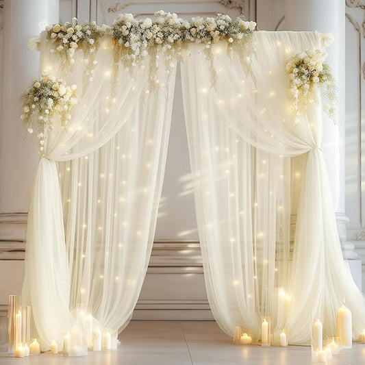 20ft x 10ft Ivory Backdrop Curtain with Lights String for Parties, Sheer Tulle Wedding Photo Backdrops Drapes for Baby Shower Birthday Party Decorations Background for Photography