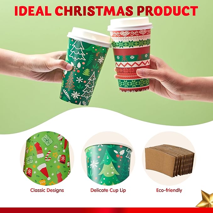 JOYIN 24 PCS Christmas Disposable Paper Cups, 16 oz Merry Christmas Party Cups With Sleeves and Lids, 8 Designs Xmas Coffee Drinkware, Beverages Tableware Holiday Supplies Favors
