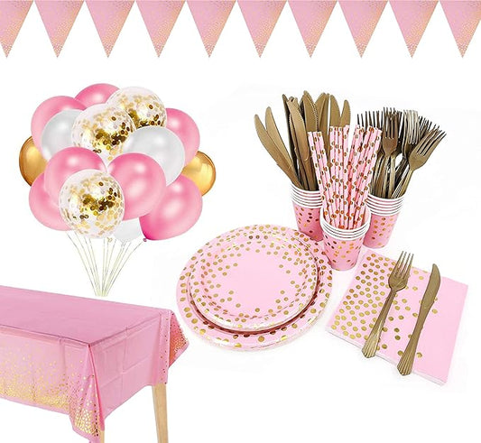 142 Piece Pink and Gold Party Supply Set, Polka Dot Tableware With Plates, Napkins, Cups, Utensils for Graduations, Birthdays, Cocktail Parties