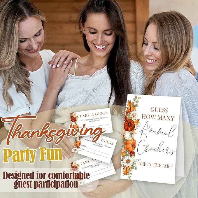 Little Pumpkin Guess How Many Animal Crackers - Thanksgiving Baby Shower Card Set (1 Sign With 50 Guess Cards), Fall Gender Reveal Party Favor Supplies -A14