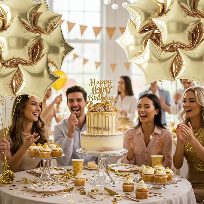 TONIFUL 15Pcs 18 Inch Large Champagne Gold Star Shape Foil Balloons Big Light Gold Stars Helium Mylar Ballons for Birthday Wedding Baby Shower Anniversary Engagement Party Decorations Supplies