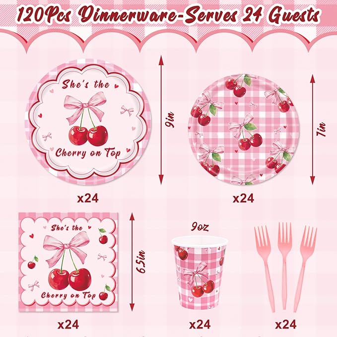 REDWORD Cherry Birthday Decorations, 120Pcs She's The Cherry On Top Party Plates Napkin Cups for Cherr y Theme Girl Birthday Baby Shower Party Decorations-Serves 24