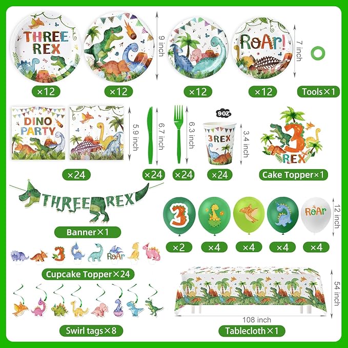 3rd Birthday Dinosaur Decorations Set - 197 Pcs Serves 24, 3-Rex Theme Kit with Tablecloth, Banner, Balloons Tableware & Cake Toppers
