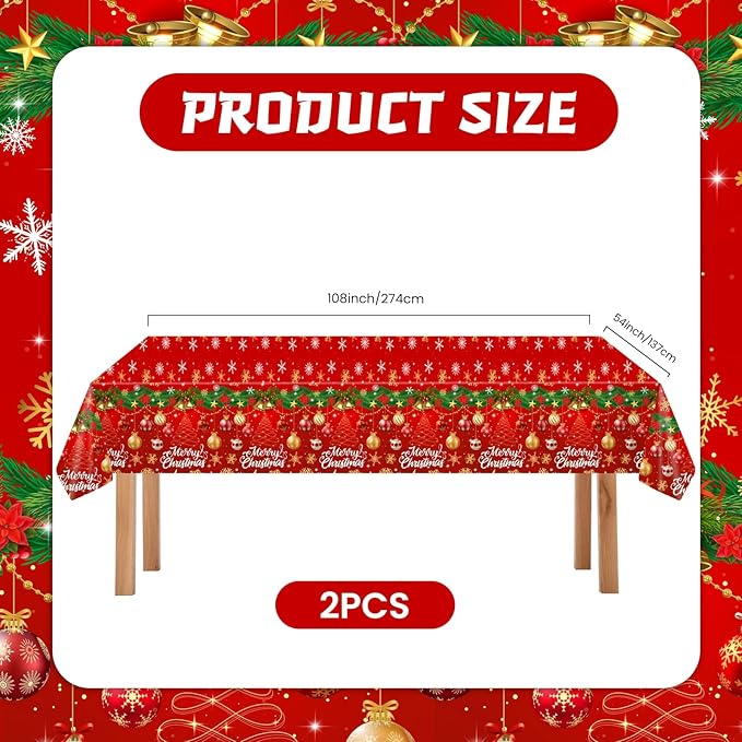 2-Pack Christmas Tablecloth Disposable Plastic - Red Holiday Design with Bells,Merry Christmas& Trees, 54x108 Inch Rectangular Plastic Table Covers for Christmas Party Decorations