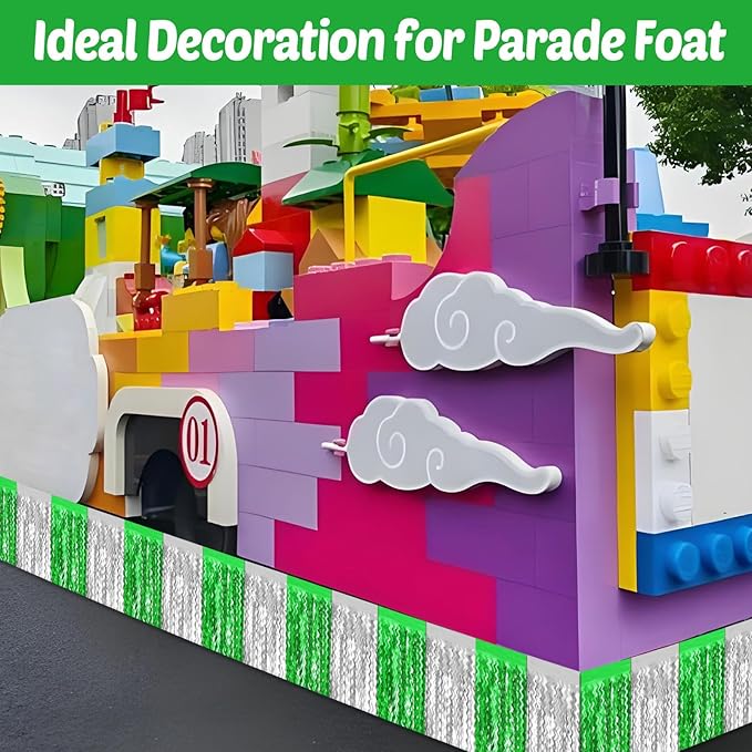 6 Pack 10 Feet Silver Green Wave Foil Fringe Garland Metallic Tinsel Streamers Banner Wall Hanging Curtain Backdrop for Parade Floats, Mother's Day, Easter, Wedding, Birthday Party Decoration