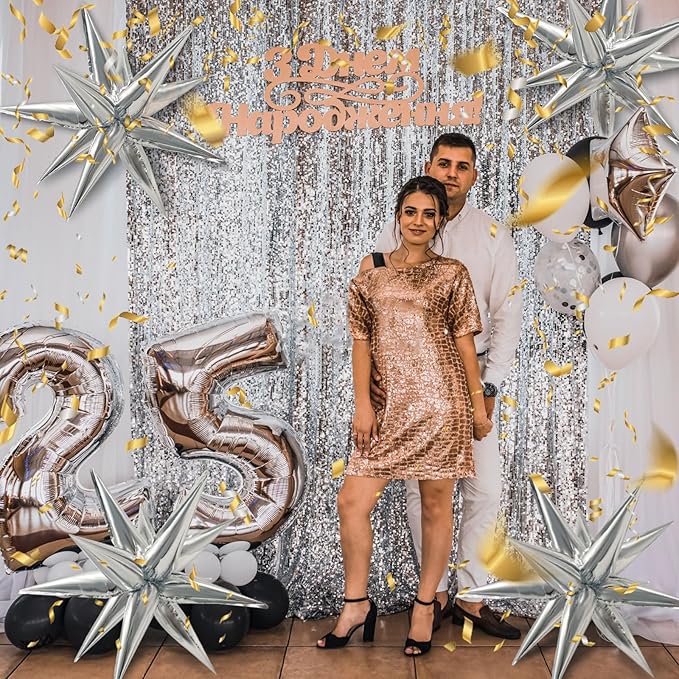 60Pcs Silver Star Balloons Birthday Decorations Explosion Mylar Balloons 12 Spike Balloon Large Foil Prom Balloon for Wedding Anniversary Christmas New Year Eve Party Backdrops Supplies