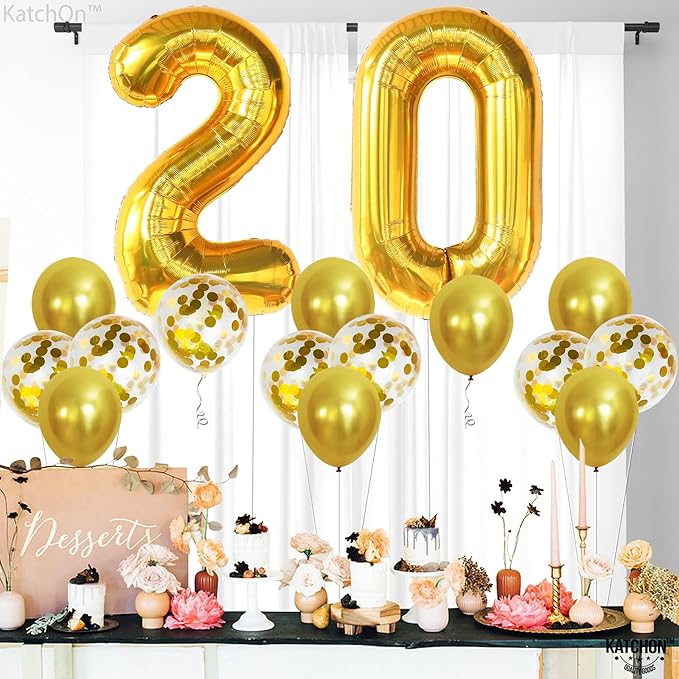 KatchOn, Gold 20 Balloon Numbers - Pack of 16 | Foil Balloon For 20th Birthday Decorations | 20th Anniversary Decorations | Gold Birthday Party Decoration