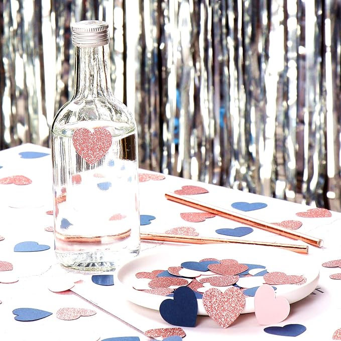 Navy-Blue Pink Rose-gold Heart Confetti - 300pcs Decor Glitter Paper Dots Gender Reveal Graduations Wedding Bachelorette Engagement Birthday Party Table Decorations Lasting Surprise