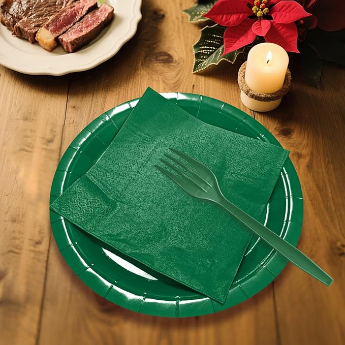 Dark Green Paper Plates 9 Inch Set Disposable Dark Green Birthday Dessert Dinner Plates and Napkins Party Supplies(75 PCS)